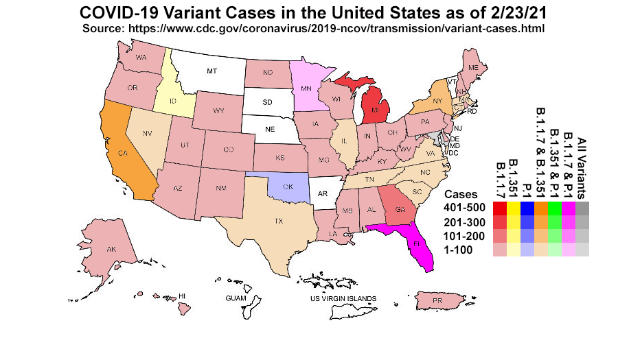 United States COVID-19 variant cases per state as of 2/23/21